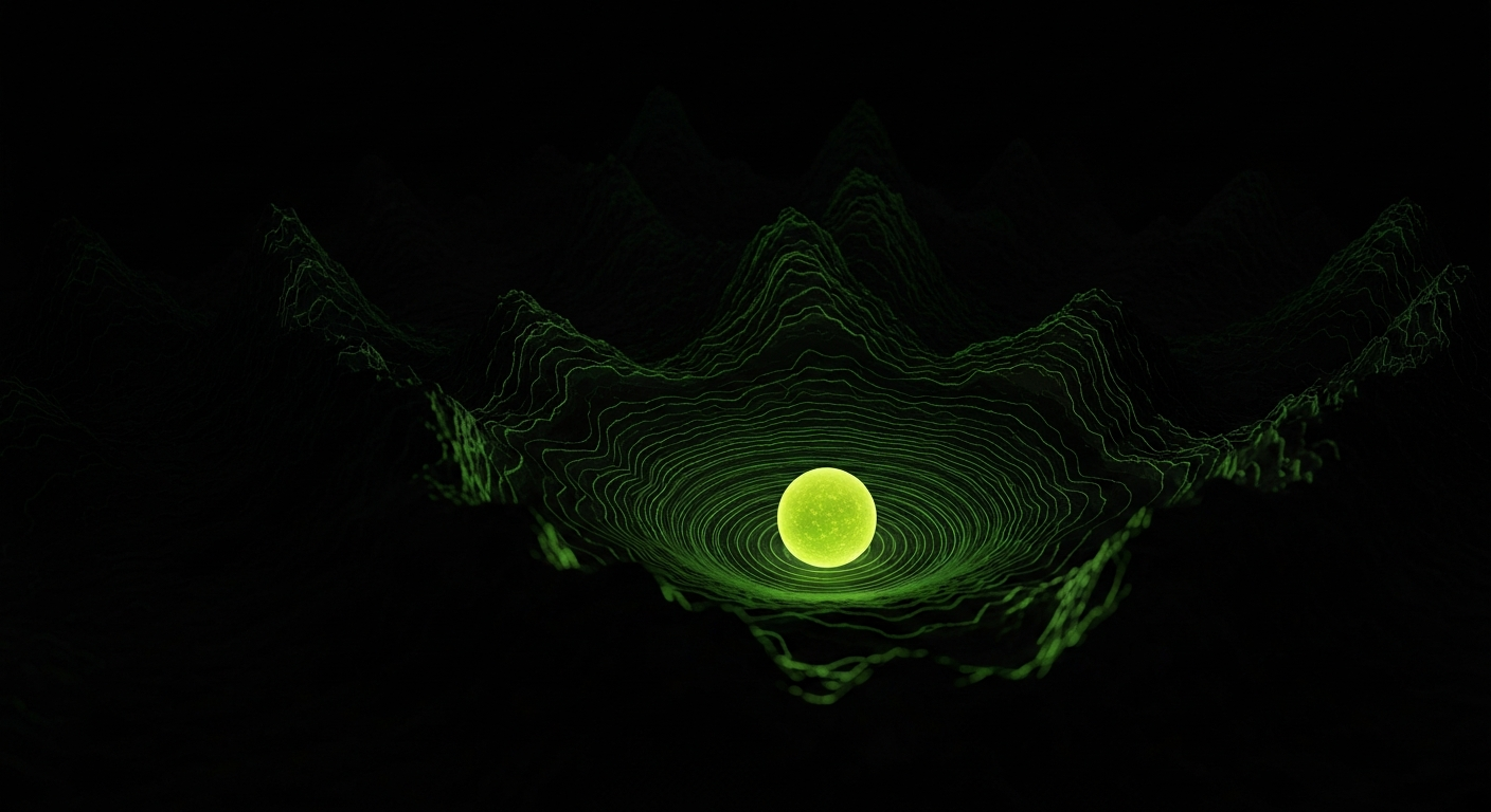 An energy landscape: a glowing sphere settled in the deepest valley